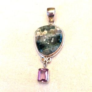 Jasper & Amethyst Solid Sterling Silver pendant. New, Genuine Gems Green, cream.